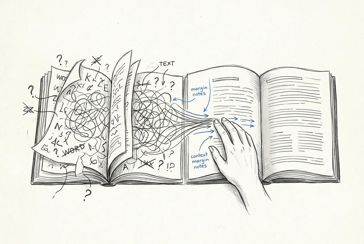 Skizze: Ein Buch voller wirrer, zusammenhangloser Textfragmente wird durch Kontext und Führung zu klar strukturiertem Text — ein KI-Modell ohne und mit Kontext.